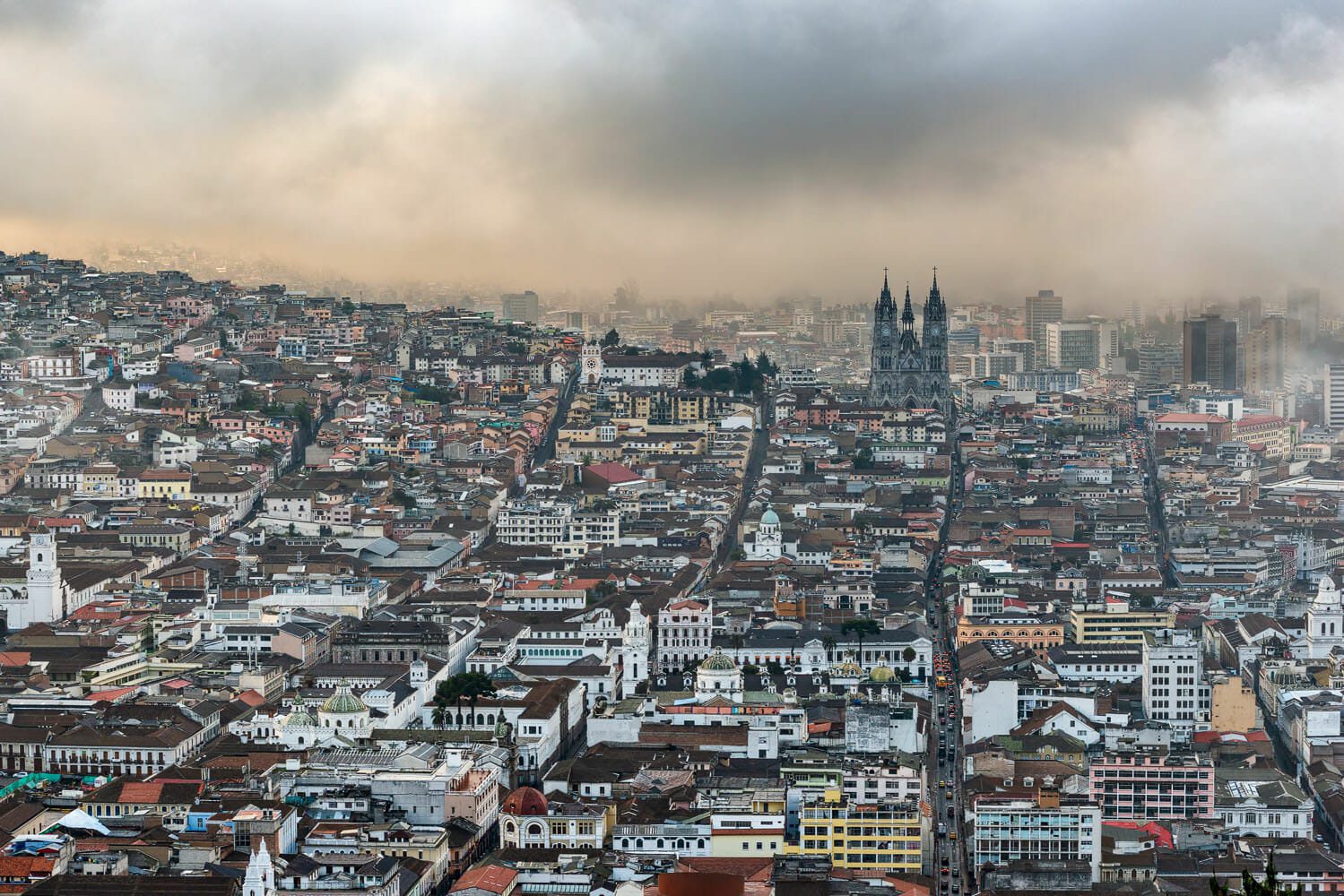 Bird's eye view on the old historic town of Quito