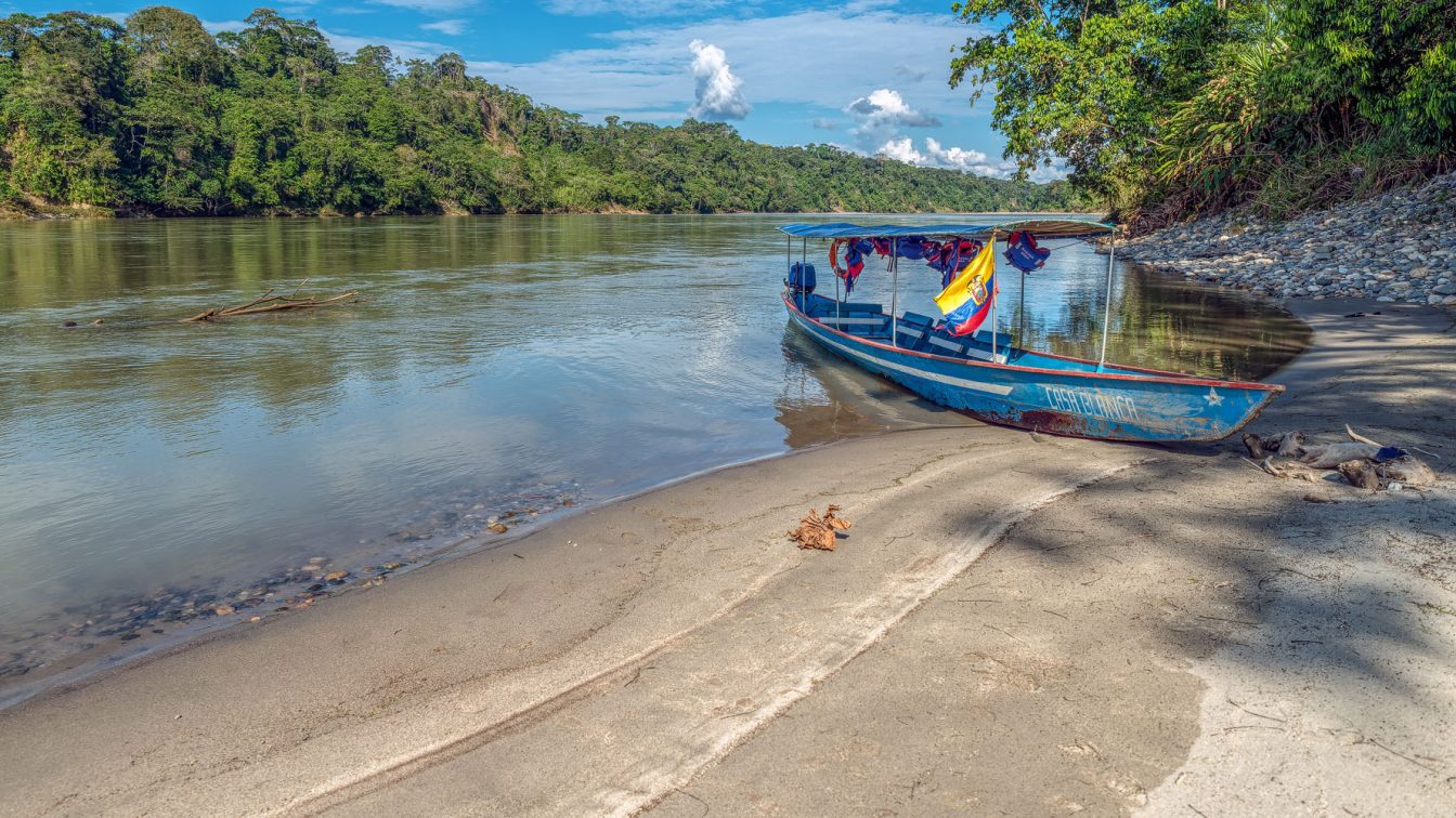 Photography of the Amazon Napo river, beach and canoe