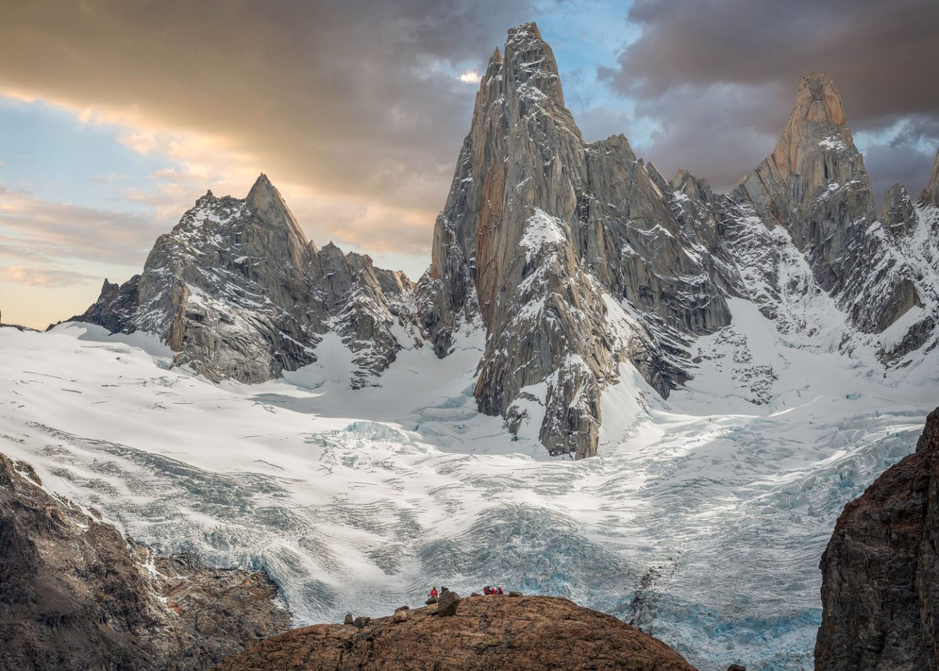 Close-up view photography of the Cerro de l'S, Cerro Saint-Exupéry and Cerro Rafael Juárez. View from the laguna Torre Patagonia Argentina
