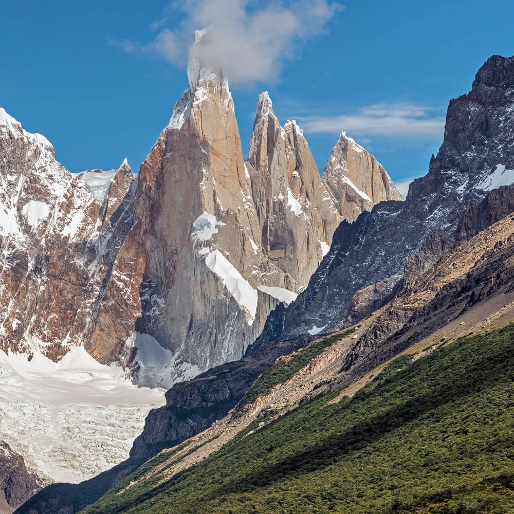 Close landscape photography of Cerro Torre, Egger Torre and aguja Stanhard