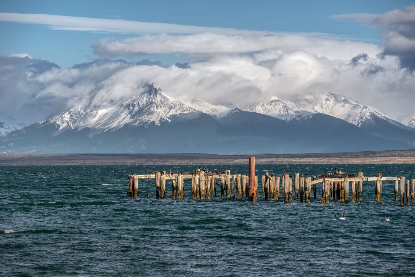 Picture of the Puerto Natales Braun and Blanchard pier with White-breasted Cormorantsp