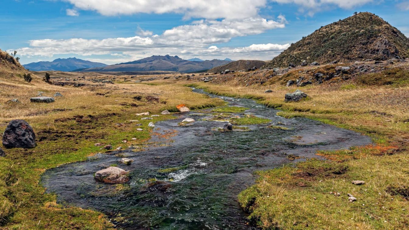 Photography of the Pita river in the Cotopaxi national park flowing towards the mountains
